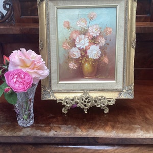 Vintage Floral Oil on Canvas Painting  Robert Cox Roses in a Yellow Vase Signed By Artist Oil Painting Cottagecore Art Grannychic Style