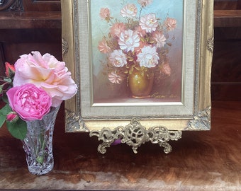 Vintage Oil on Canvas Painting  Robert Cox Roses in a Yellow Vase Signed By Artist Oil Painting