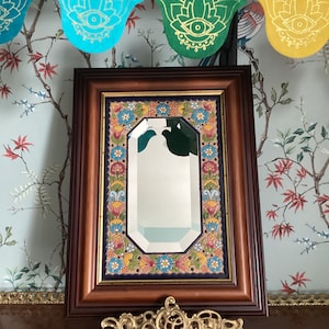 Vintage Spanish Mirror: Hand-Painted Ceramic Floral Surround, Wooden Frame