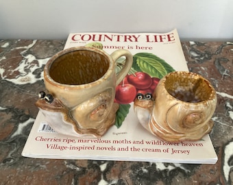 Handmade Cottagecore  Coffee Mug with  Eggcup Snail Figurine  Ceramic Snail Breakfast Set