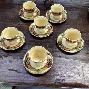 Antique Myott Son & Co Englands Countryside Art Deco Tea Cups and Saucers Set of Six