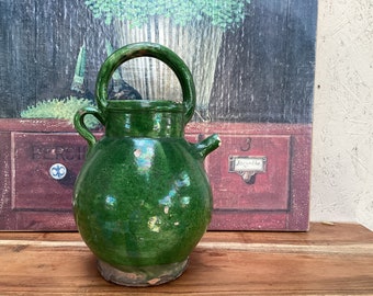Antique French Provincial Green Glazed Olive Oil Jug with Spout and Handle French Farmhouse Decor. Traditional French Pottery, Rustic French