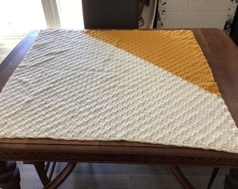 Multicoloured Hand Made Crochet Knit  Cream and Ochre Yellow Crochet Square Blanket Throw