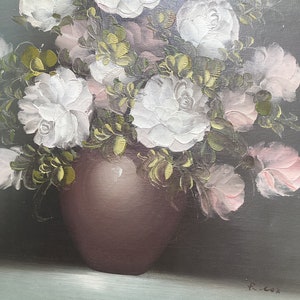 Vintage Oil Painting on Canvas R. Cox Roses in a Vase Signed by the Artist country House Style