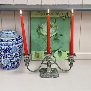 May include: A silver-toned metal candelabra holding three lit red taper candles, positioned next to a blue and white porcelain ginger jar with a lid. Behind the items is a rectangular sign featuring a green background and a rose illustration.
