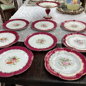 Antique Porcelain Plates Hand Painted Set of 8 Burgundy Gold Decoration Country Cottage Home Style