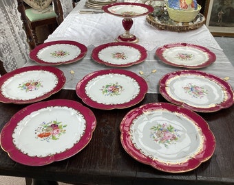 Antique Porcelain Plates Hand Painted Set of 8 Burgundy Gold Decoration Country Cottage Home Style