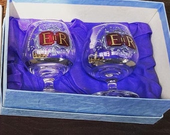 Queen Elizabeth II 1977 Set of 2 Silver Jubilee Commerative  Glass Brandy Glass Shot Glass