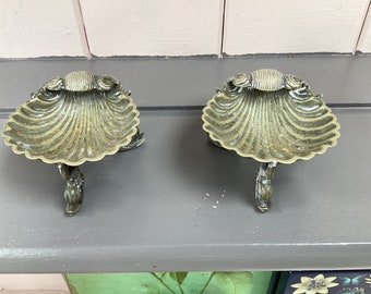 Pair of  Antique Shell Shaped  Salt Dishes Standing on Dolphin Feet Salt Cellars