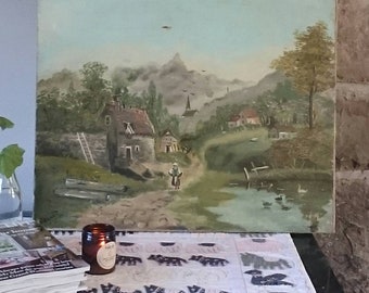 Altes Öl auf Leinwand Gemälde Pastorale Szene Bukolische Landschaft Landleben Stylisten Prop