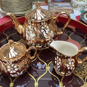 Vintage Sadler England Gold Lustreware Tea Set: 3-Piece Porcelain Floral Tea Kettle