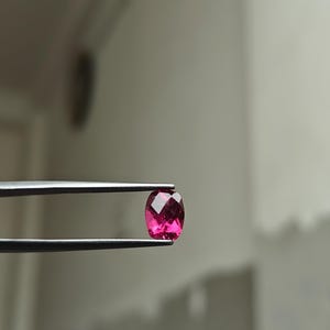 May include: A faceted, oval-shaped, hot pink gemstone is held by a pair of silver tweezers. The gem has a high luster and is set against a blurred, neutral background. The gem's color is a vibrant, saturated pink.