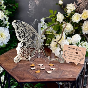 Livro de visitas em forma de borboleta de aniversário em acrílico transparente, alternativa de ouro, placa para livro de visitas de borboleta de aniversário de 15 anos, placa para quinceanera