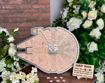 Silver Millennium Falcon Wedding Guest Book Alternative Star Wooden Wedding Guestbook Star Guestbook Sign Custom Wedding Guest Book Sign