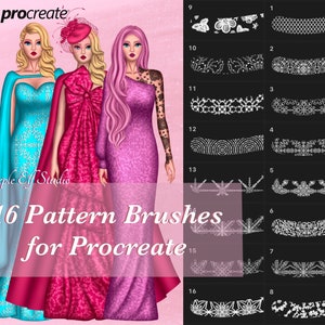 Könnte beinhalten: 16 digitale Musterpinsel für die Procreate-App. Die Pinsel sind weiß auf schwarzem Hintergrund und zeigen verschiedene Spitzen- und Blumenmuster. Der Text "16 Pattern Brushes for Procreate" befindet sich am unteren Rand des Bildes.