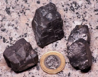 May include: Three dark gray, rough, and irregularly shaped stones on a light gray speckled surface. A gold coin with a portrait of a woman is in the center of the image.