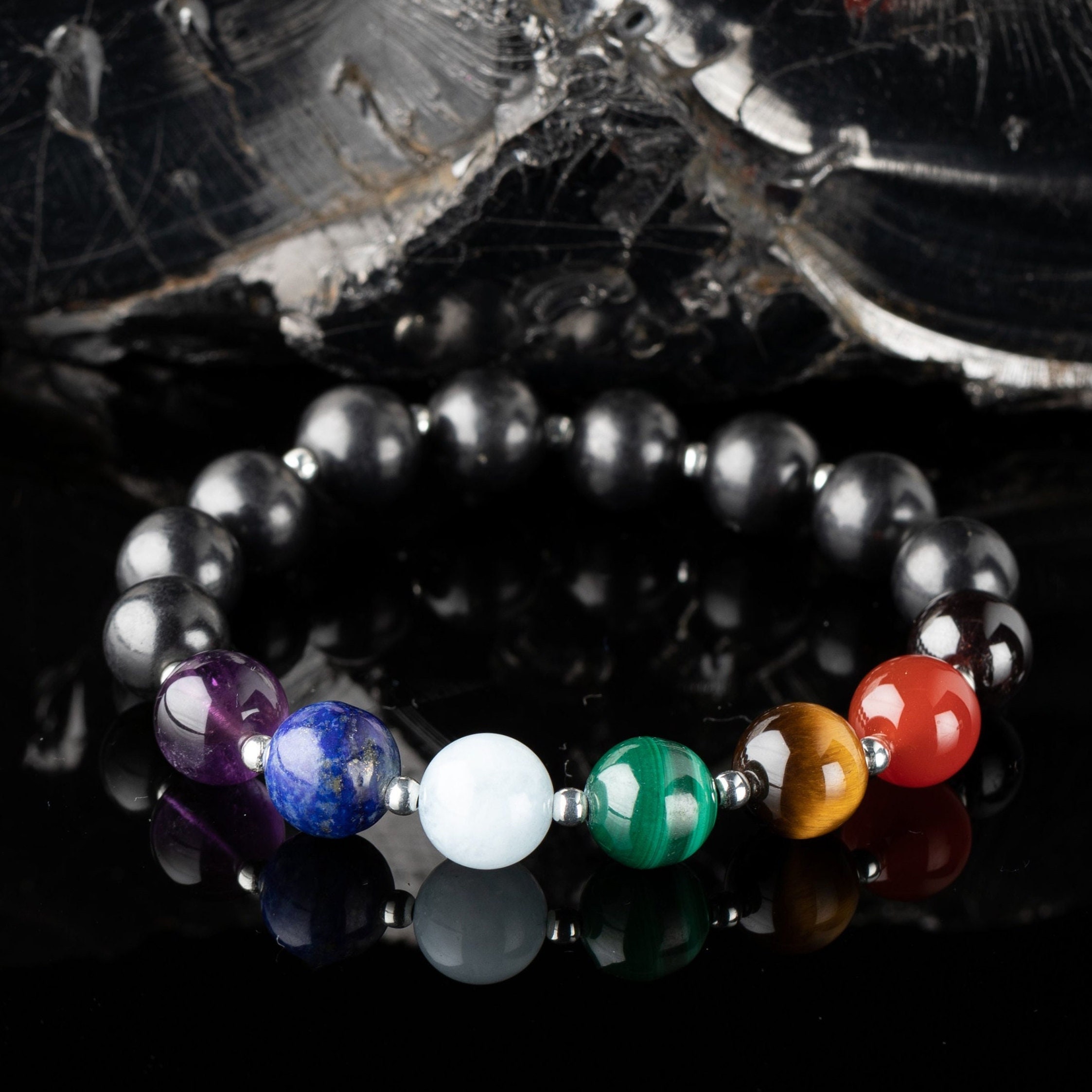 Shungite Bead & 7 Chakra Stones Bracelet 8mm, Genuine Gemstone Bracelet,  Radiation Emf Protection, Stress Relief Bracelet for Men Women 