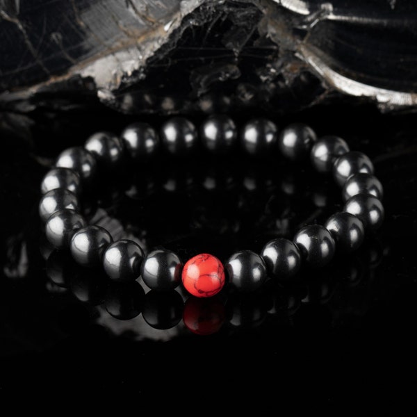 Shungite bracelet with a single Red Howlite bead, 4G 5G EMF Protection and Healing, genuine Karelian shungite