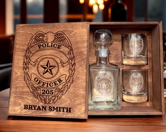 Police Officer Gift – Whiskey Decanter and Etched Glasses for Law Enforcement, for Detectives, Ideal for retirement father&#39;s day