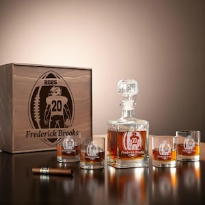 Christmas Gift for Football Fan – Personalized Whiskey Decanter Set with Engraved Glasses, Custom Bar Gift for Men
