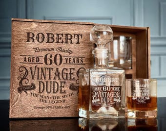 60th Birthday Set - Custom Whiskey Decanter, Whiskey Glass, 1965 Gift for Him, Bourbon Decanter, Cheers to 60 Years, Etched Gift Box