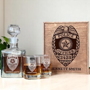 State Trooper Whiskey Decanter Set – Christmas Gift for Police Officer or Husband, Engraved Badge with Personalized Glass in Wooden Box