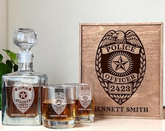State Trooper Whiskey Decanter Set – Gift for Police Officer or Husband, Engraved Badge with Personalized Glass in Wooden Box