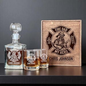 Firefighter Father's Day Gift, Whiskey Decanter Set, Personalized Glasses, Fireman Whiskey Gift, Custom Etched Glass, Gift for Dad