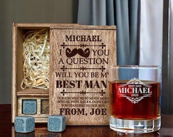 Best man-frieri - Will You Be My Best Man – Personligt glas med whisky och bourbon i etsad ask