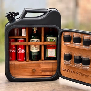 Jerry Can MiniBar: Customizable Liquor and Smoke with LED Backlight, Drawer - Add Your Personal Touch for Customized Father's Day Gift