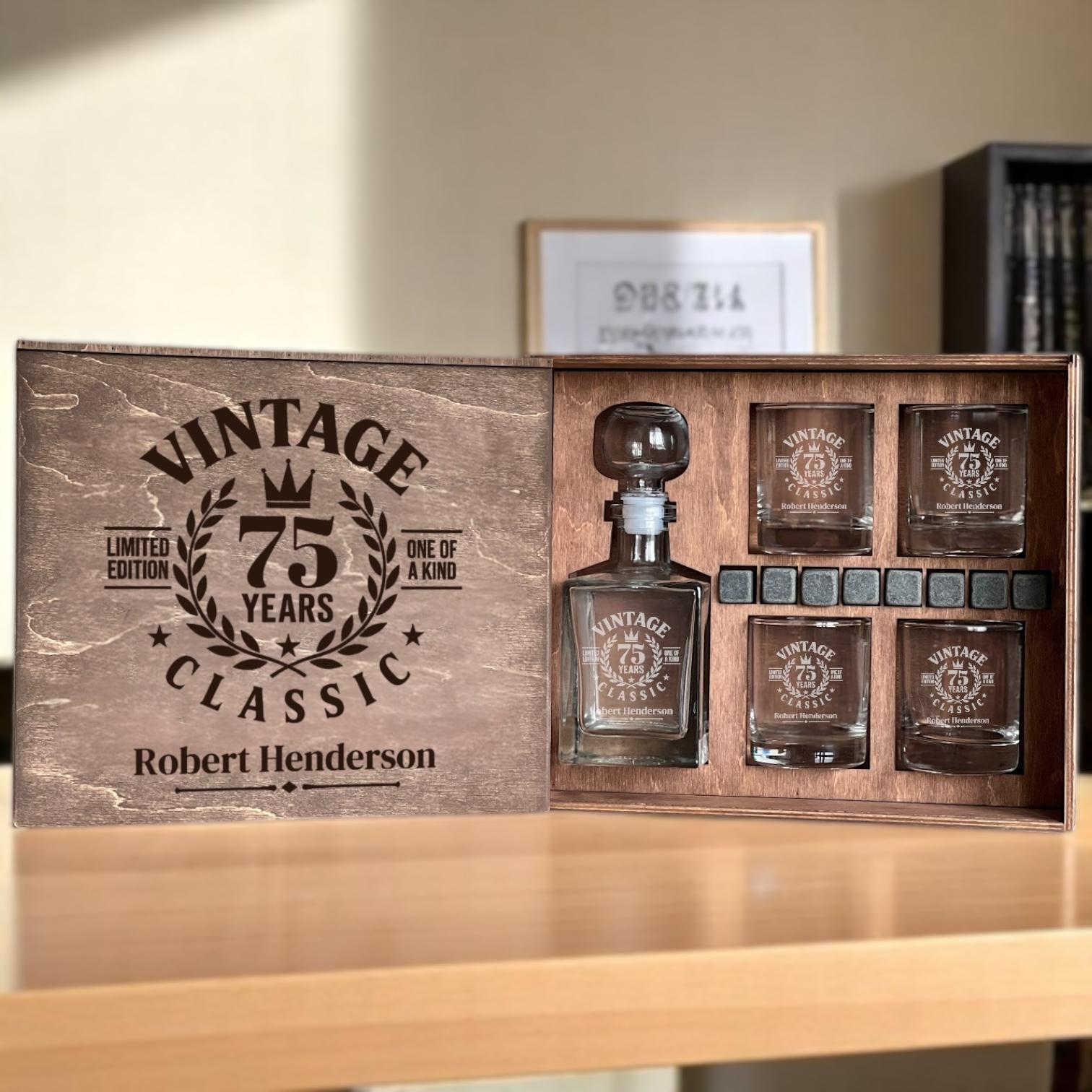 75th Gift for Him, Birthday Dad Gift, Custom Etched Glass, Whiskey Decanter Set, 75th Gift Box, Gift for 75 Year Old, Gift for Grandfather