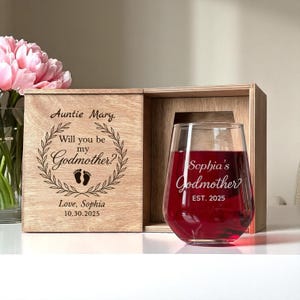 Will You Be My Godmother Box – Engraved Wine Glass Gift Set – Custom Godmother Ask Present for Baptism, Personalized Wine  Glasses