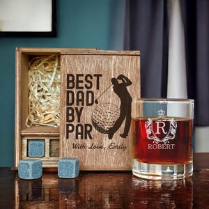 Gift for Dad, Golf Dad – Father&#39;s Day Whiskey Set, Etched Glass Gift Box, Personalized Glasses, Stepdad Gift or Grandpa Birthday Gift Idea