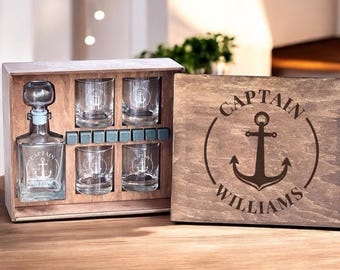 Navy Whiskey Decanter Set – Personalized Gift for Sailor or Veteran, Engraved Glasses and Wooden Box for Military Man