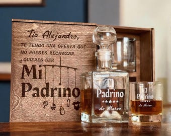 Regalo Padrino - Caja Propuesta, Vaso Personalizado, y Set de Decantador de Whisky - Perfecto para Pedir que Sea Tu Padrino, Proposal Box