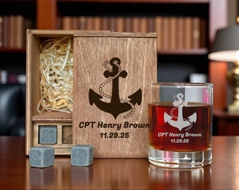 Navy Anchor Whiskey Decanter Set – Gift for Sailor or Veteran, Personalized Wooden Box with Engraved Glasses for Promotion