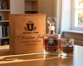 Graduation Whiskey Decanter Gift with Engraved Glasses in the Wooden Box and University Logo – Gift for College or University Grad