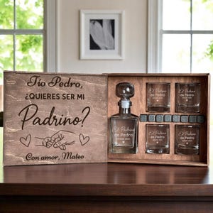Quieres Ser Mi Padrino, El Padrino Gift, Caja Propuesta, Personalized Glass, Padrino Vaso, Propuesta Padrino, Whiskey Decanter Set