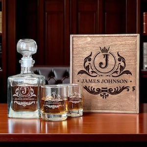 Monogram whisky, aangepaste whiskyset, gegraveerde karaf, cadeau voor man, whiskyglasset, cadeau voor opa, verjaardagscadeau mannen