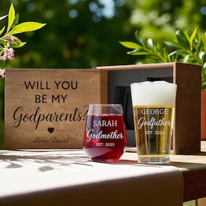 Godparents Gift Set with Wine and Beer Glasses personalized engraved box proposal gift be my godparents custom glass gift for couple pint