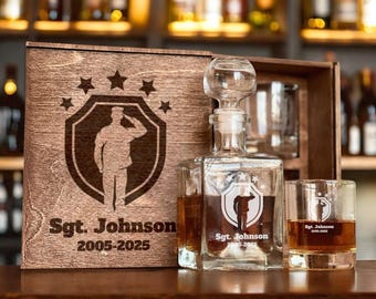 Army Gift – Whiskey Decanter and Glasses Set, Perfect for Military Men, Veterans, Army Retirements in Custom Etched Wood Box, Corporal Gift