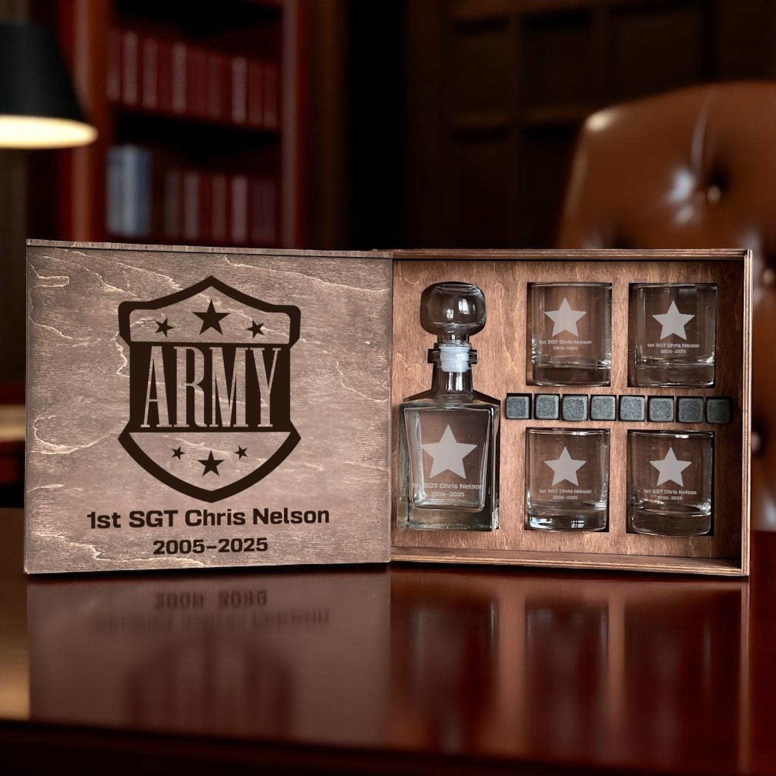 Custom Army Decanter Whiskey Set Gift for Military Man or Veteran Retirement Box with Engraved Glasses Personalized Bar Gift