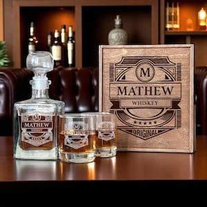 Monogram whisky, aangepaste whiskyset, gegraveerde karaf, cadeau voor man, whiskyglasset, jubileumcadeau, geschenkdoos voor hem