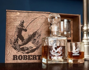 Gift for Fisherman – Fishing Gift Box with Personalized Whiskey Decanter and Engraved Glasses with Whiskey Stones, Great for Fishing Lovers
