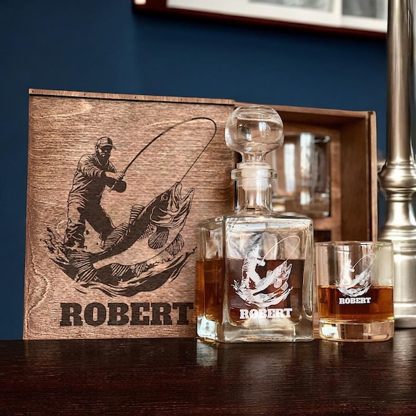 Gift for Fisherman – Fishing Gift Box with Personalized Whiskey Decanter and Engraved Glasses with Whiskey Stones, Great for Fishing Lovers