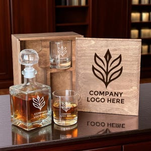 Corporate Gift Box with Logo – Engraved Whiskey Decanter and Glasses – Personalized Business Gift for Client, Employee or Executive