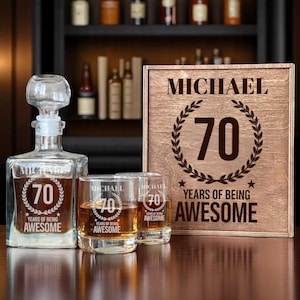 70th Birthday Gift, Whiskey Decanter Set, Cheers to 70 Years, Personalized Glasses, 1955 Whiskey Glass 70th Gift for Him Custom Etched Glass