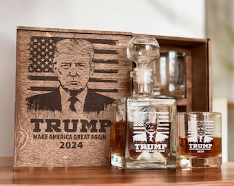 Republican Gift – Trump Whiskey Decanter Set with Etched Glasses, MAGA and Patriotic 2024, Personalized wood box with glasses