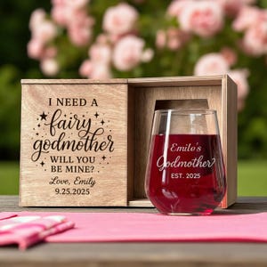 Godmother Proposal Box – Stemless Wine Glass Gift with Engraving – Be My Godmother Custom Baptism Gift for Godparent or Fairy, Wine Glass