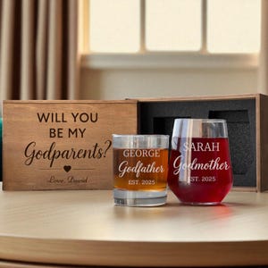 Gift Set for Godparents Wine and Whiskey Glass Box be my godmother godfather proposal wooden engraved personalized glass gift
